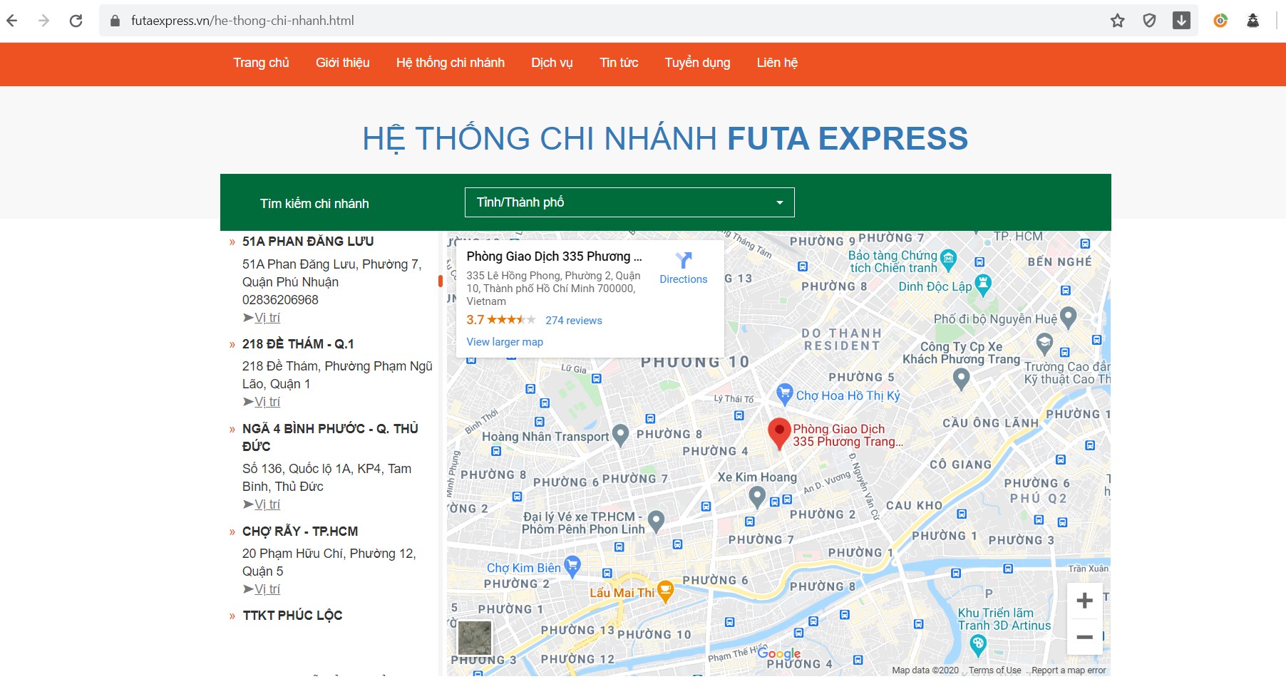 Hệ thống chi nhánh của Phương Trang được cập nhật chi tiết trên website